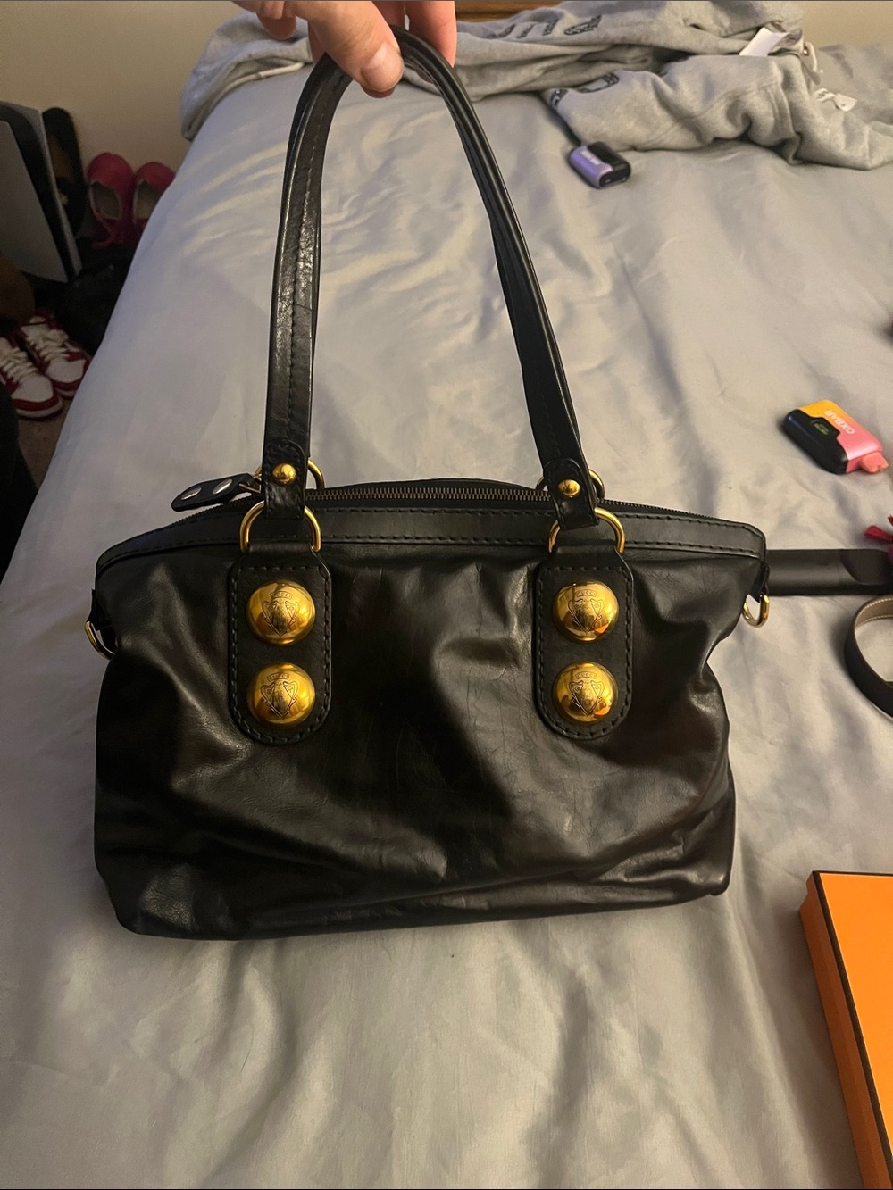 Gucci Black Leather Shoulder Bag with Gold Button Accents